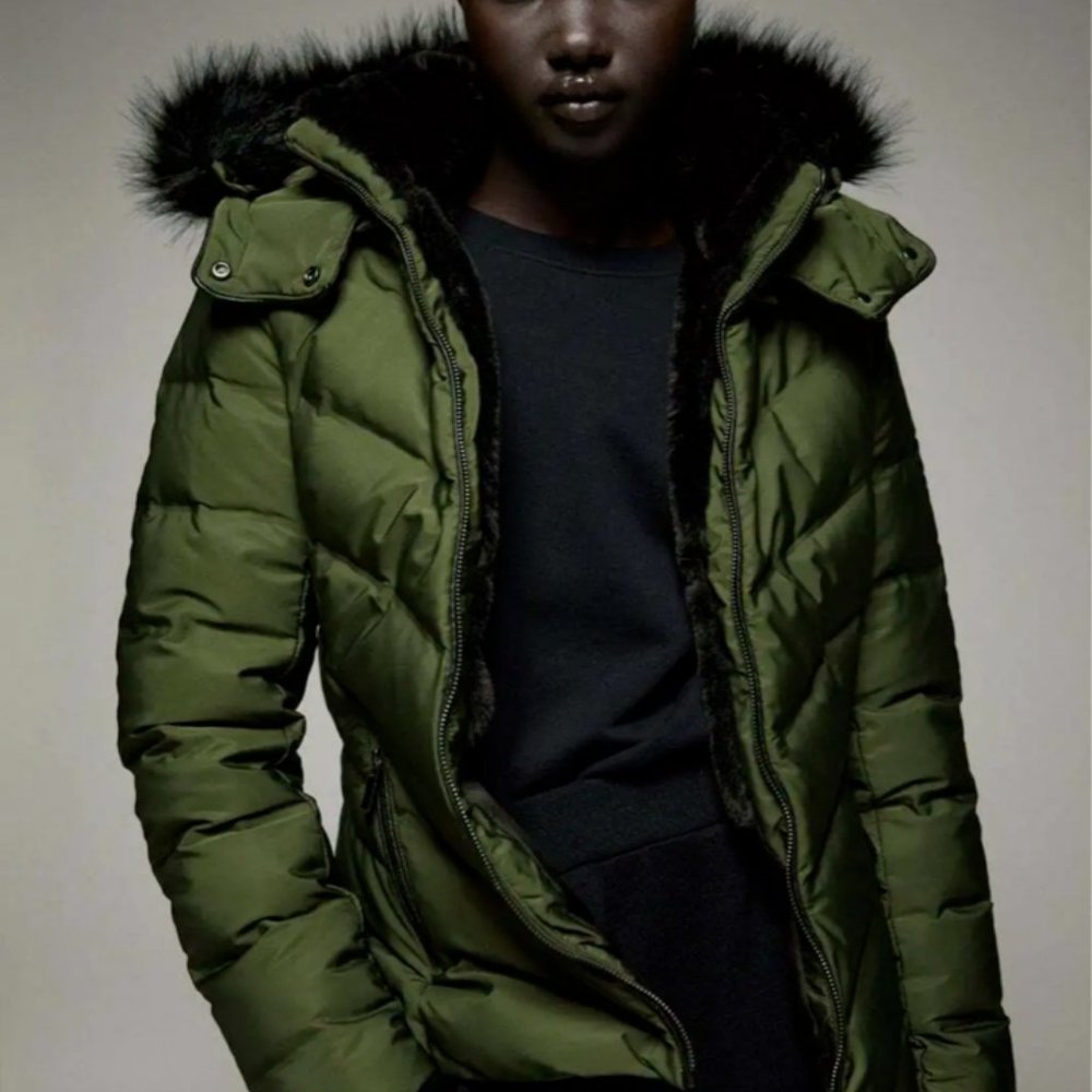 Zara Fitted Olive Bomber Jacket with Black Fur Trim